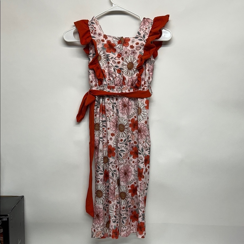 Floral Ruffle jumpsuit with Red Accents large
